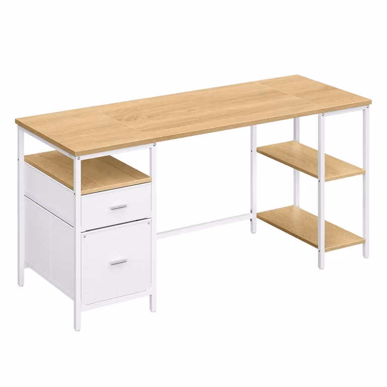 Scrivania con 3 Ripiani 2 Cassetti per Ufficio, Rovere Naturale + Bianco / 160 x 60 cm