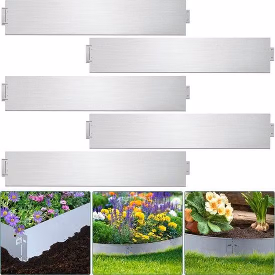 Bordo per giardino in metallo, recinzione curva, zincata, colore argento, dimensioni 100x18 cm, lunghezza 5 metri