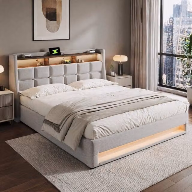 Letto matrimoniale MODFU imbottito beige con illuminazione LED, porta USB e contenitore con base a sollevamento, L/P: 160 x 200 cm