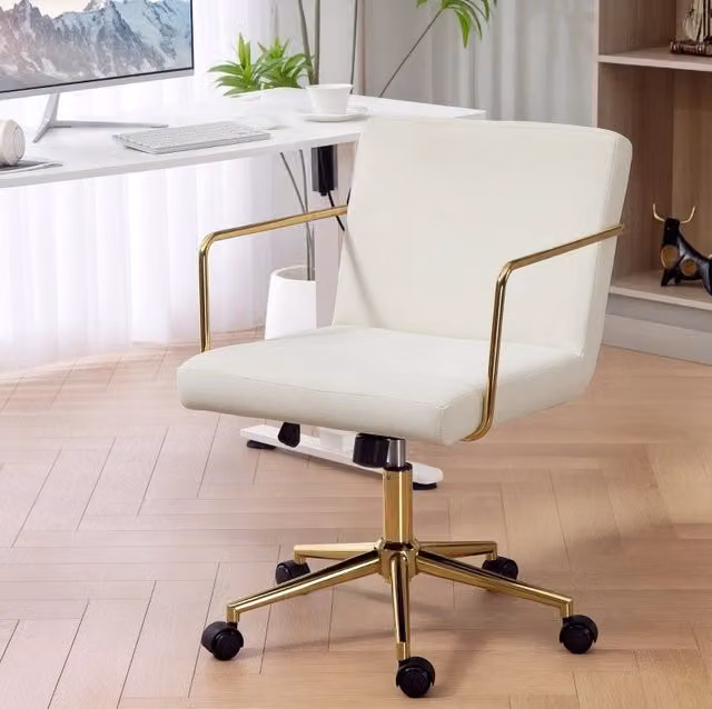 Sedia da ufficio su ruote bianco crema con braccioli dorati, regolabile