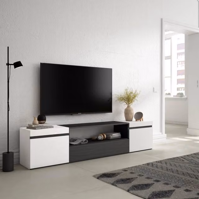 Mobile TV, 200x35x45cm, soggiorno, Per TV fino a 80", Mobile Soggiorno, Bianco e nero RF2202