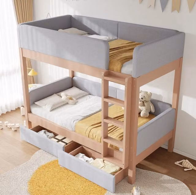 Letto a castello per bambini 90x200 cm con 2 cassetti e scala a 4 gradini grigio/naturale HAVRYA
