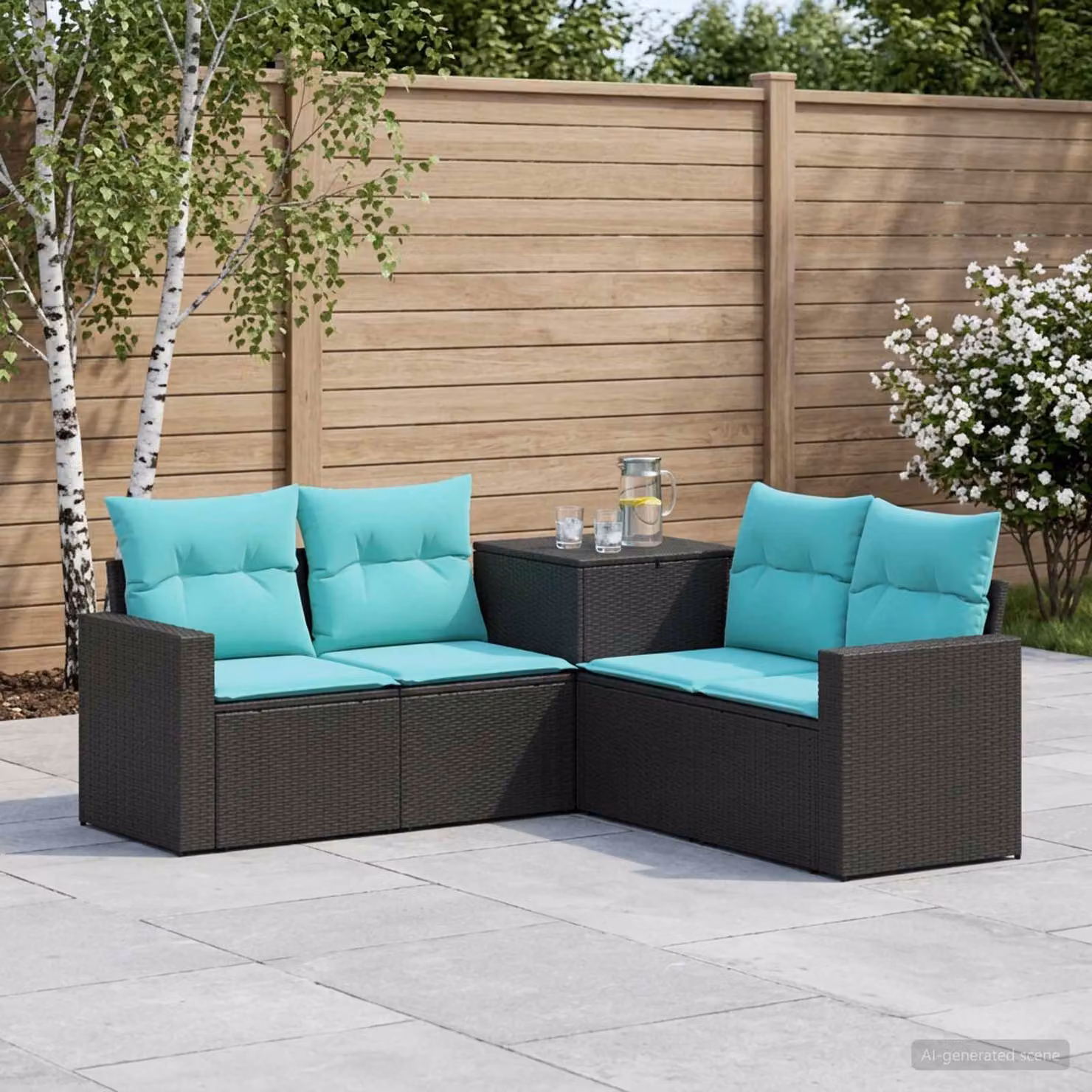 Set di divani da giardino vidaXL a forma di L con poltrona, divano a 2 posti, elemento angolare e pouf in rattan sintetico e metallo, colore nero e blu