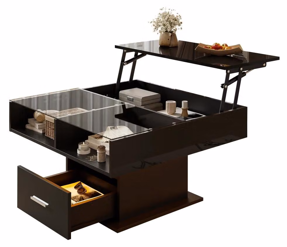 Tavolino da salotto - Tavolino centrale - Illuminazione a LED - Altezza regolabile - Ampio spazio di stoccaggio - Superficie lucida - Pannello di particelle di legno nero