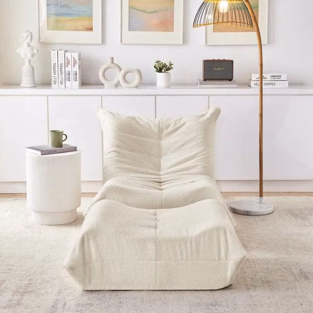 Poltrona relax con poggiapiedi schienale reclinabile e seduta imbottita per soggiorno in tessuto peluche beige
