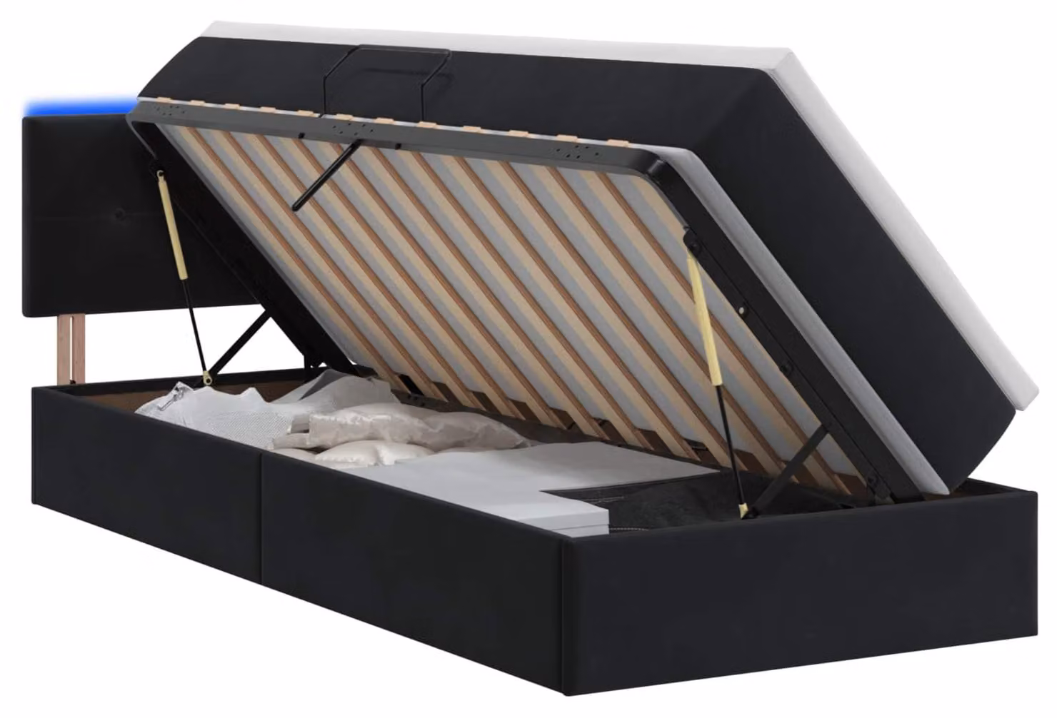 Letto contenitore con tecnologia LED e materasso, colore nero, dimensioni 100 x 200 cm, rivestito in velluto