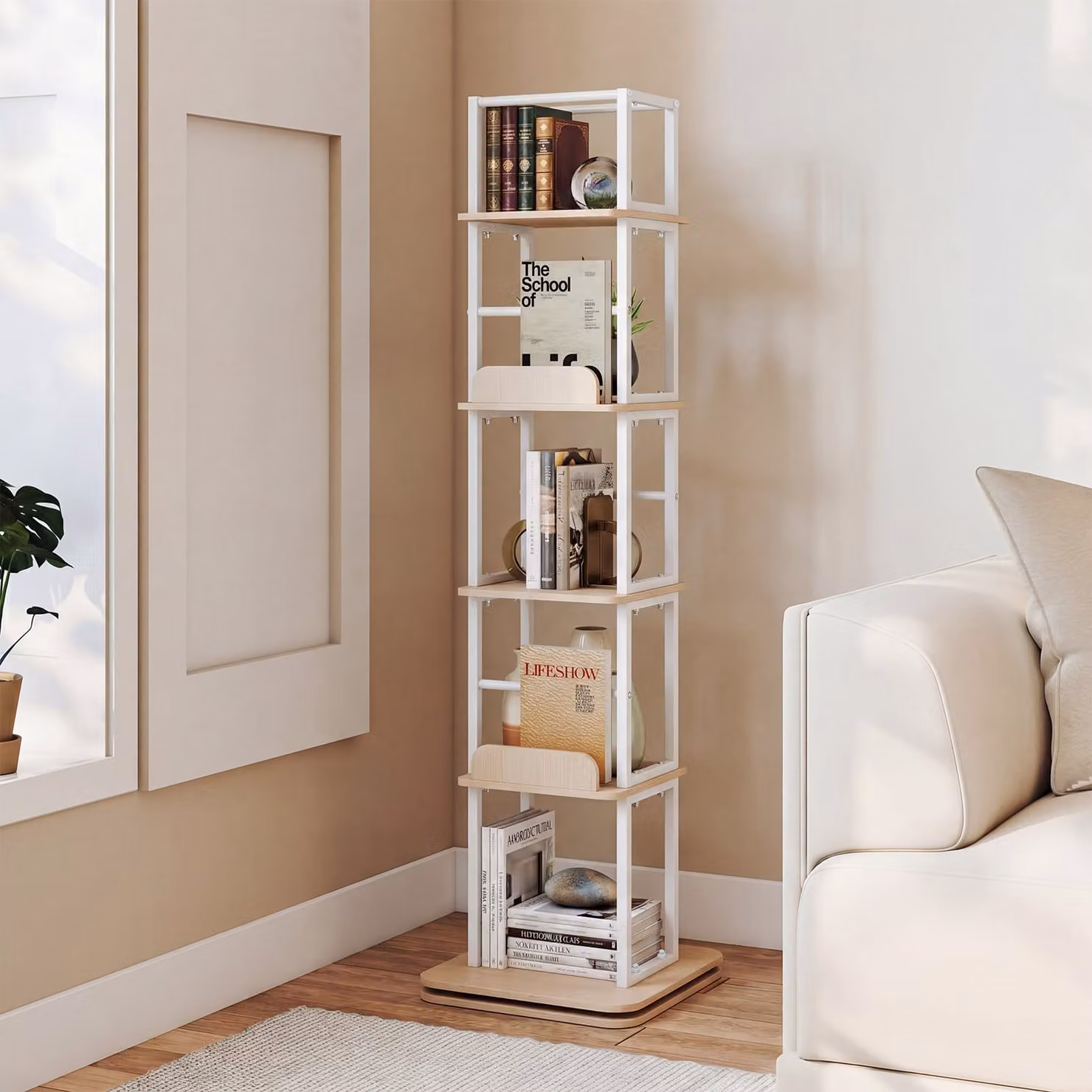 Libreria girevole Costway con 5 ripiani e rotazione a 360 gradi in legno, colore Rovere, L 40 cm x P 40 cm x H 148,5 cm
