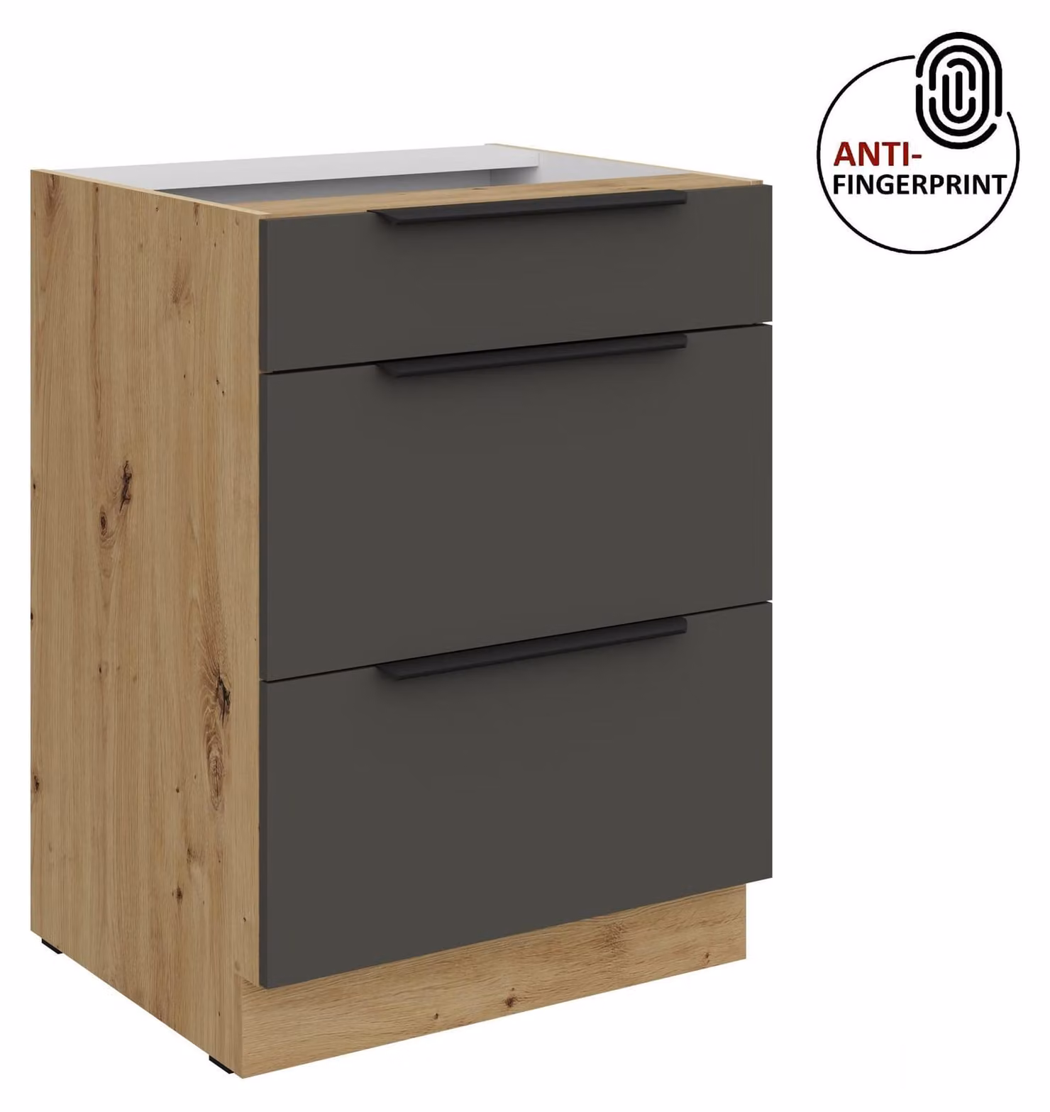 Mobile base da cucina da 60 cm, cucina ARIA Graphite ultra opaco + rovere Artisan opaco, frontali di alta qualità con rivestimento anti-impronta, mobile da cucina con chiusura ammortizzata