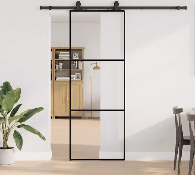 Porta Scorrevole Moderna VIDAXL in Vetro Trasparente con Ferramenta Nera e Alluminio L: 76 cm, H: 205 cm