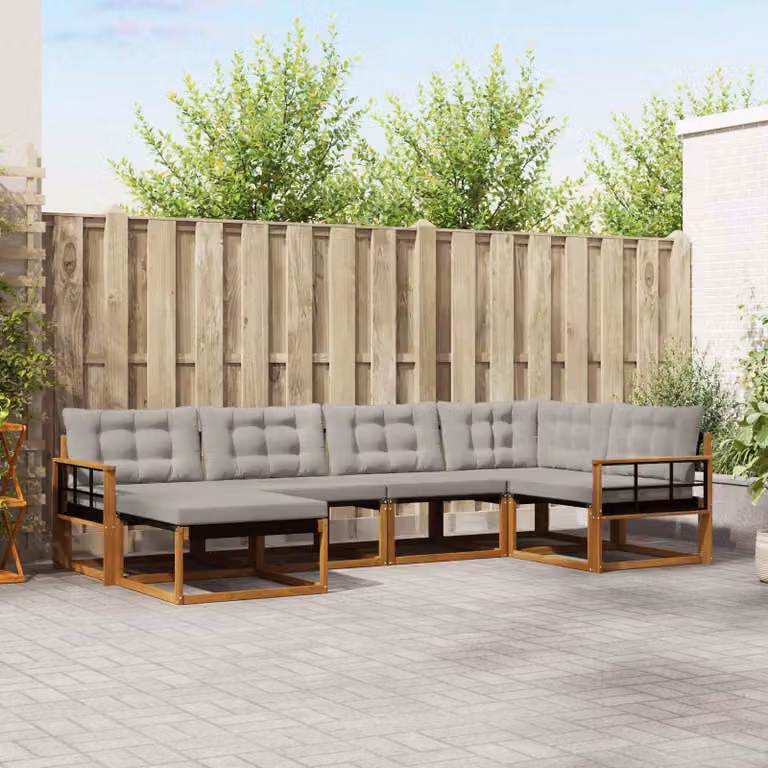 Set di divani da esterno vidaXL a forma di L composto da 6 pezzi in legno di acacia e tessuto grigio con cuscini inclusi