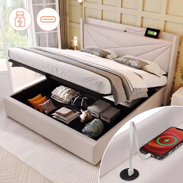 Letto con cassetto - Xylo - 140x200 - USB-C, lino