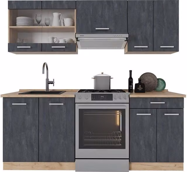 Cucina componibile R-Line Calce nera/Rovere dorato 200 cm senza piano di lavoro Vicco