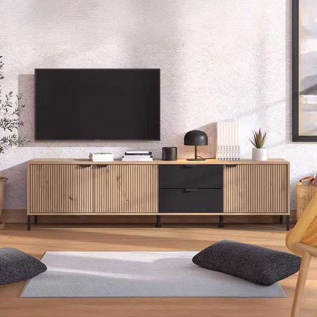 Mobile Porta TV Scapoli DMORA in Legno Rovere Marrone con 2 Cassetti L: 208 cm, P: 40 cm, H: 54.5 cm – 1