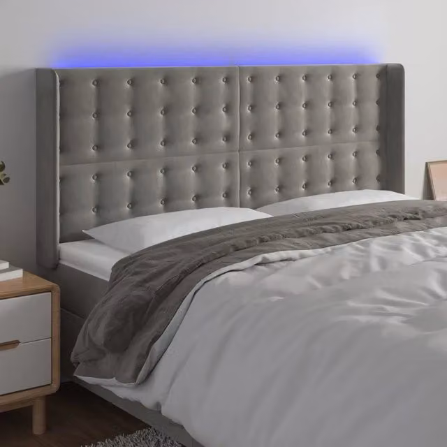 Testiera con LED Design Mania in Velluto Grigio Chiaro con Porta USB L: 163 cm, P: 16 cm, H: 118-128 cm – 1