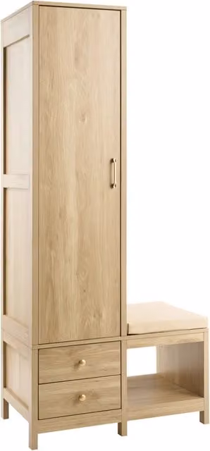 Mobile da Ingresso Alto con Seduta, Appendiabiti, 2 Cassetti e Ripiani a Vista in Truciolato e MDF Color Rovere Chiaro