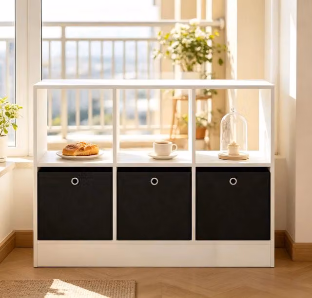 Libreria a cubi REDOM Bianco e Nero con 3 cassetti in tessuto L 80 x P 30 x H 61 cm