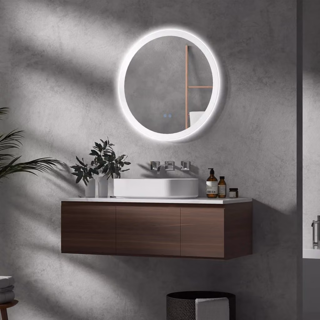 Specchio da bagno rotondo WISHDOR bianco con luce LED dimmerabile, touch switch e funzione antiappannamento, Ø 70 cm – 2