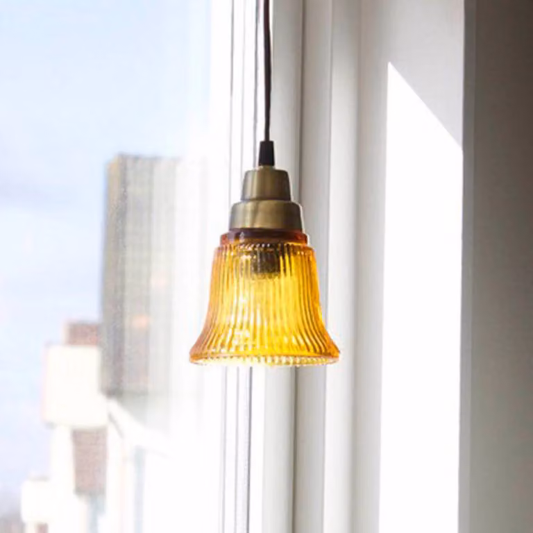 PR Home Lampada a sospensione Emmi, ambra/ottone, vetro, spina, E27 Emmi, Crema / Ambra, Soggiorno / Sala da pranzo, Vetro, Vintage, Lampada a sospensione