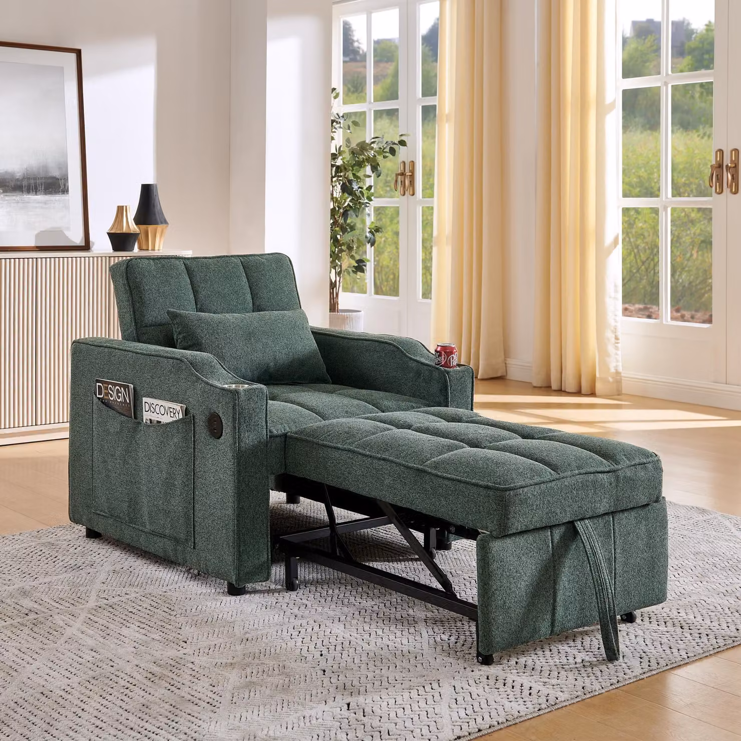 Divano letto 3 posti, con sistema scorrevole e porte USB per la ricarica, salvaspazio, ideale per il soggiorno e la stanza degli ospiti, colore verde