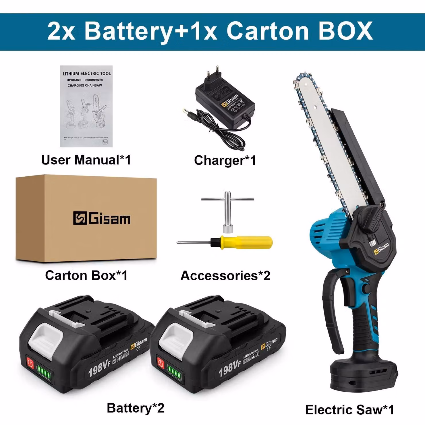 Motosega a batteria - Mini modello monomanuale - Lama da 20 cm - Motore brushless - Sistema da 18 V - 2 batterie incluse - Azzurro