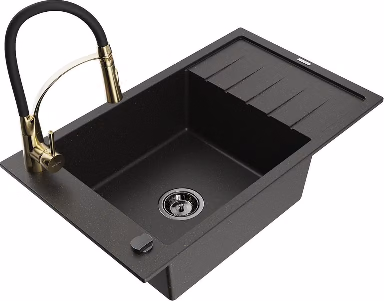 Mexen Elias lavello in granito a 1 vasca con scolapiatti e rubinetto da cucina Aster, nero/oro metallizzato - 6511-75-73450-57-B