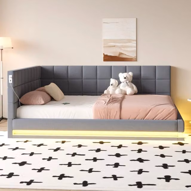 Divano Letto Imbottito 160x200 cm con LED, Porta USB e Rete a Doghe in Lino Grigio