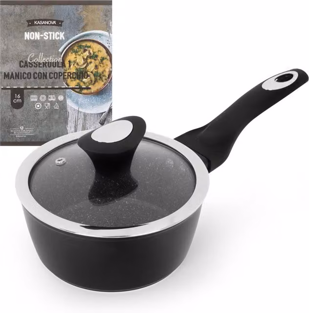Casseruola antiaderente Kasanova Collection nera con coperchio in vetro, diametro 16 cm