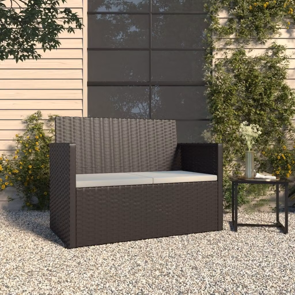 The Living Store Panca da giardino con cuscini Nero 105 cm Poly Rattan