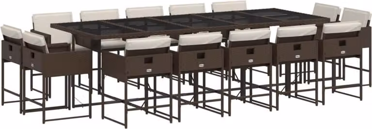 Set da Pranzo da Giardino 15 pz con Cuscini Marrone Polyrattan