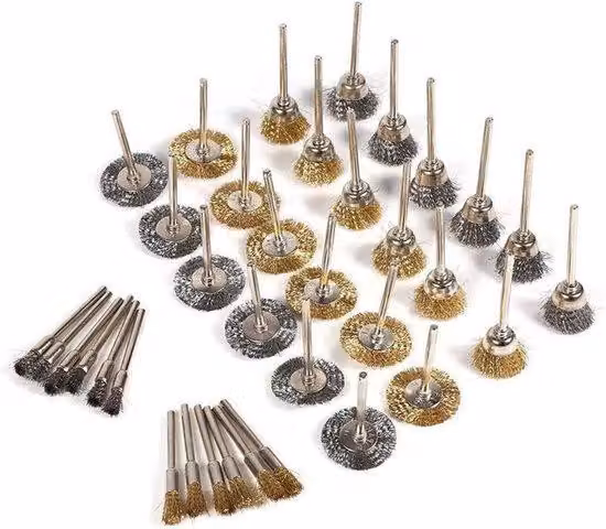 Spazzole rotanti in ottone e acciaio, set da 36 pezzi, perno da 3 mm, accessori per la lucidatura