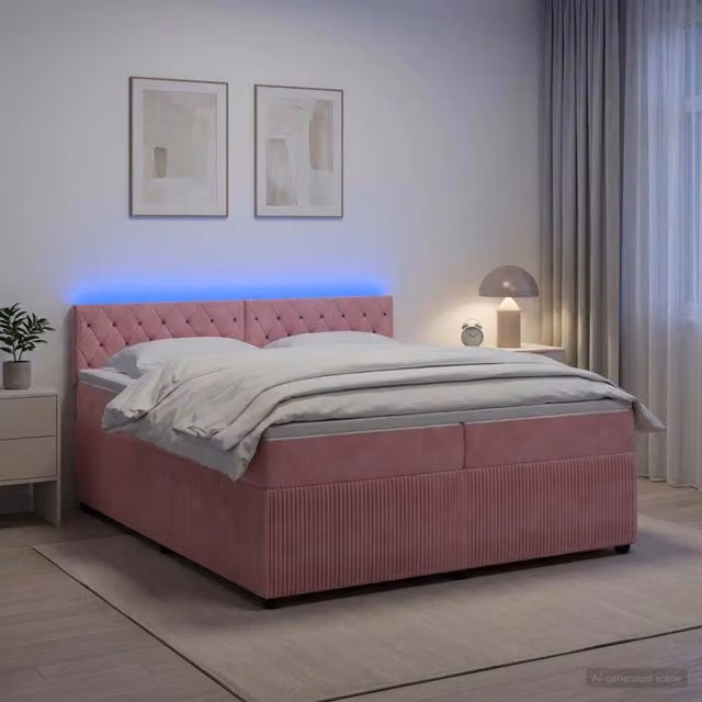 Letto box spring ibrido vidaXL in velluto rosa e bianco con materasso a molle insacchettate e base contenitore, L/P: 200 x 200 cm