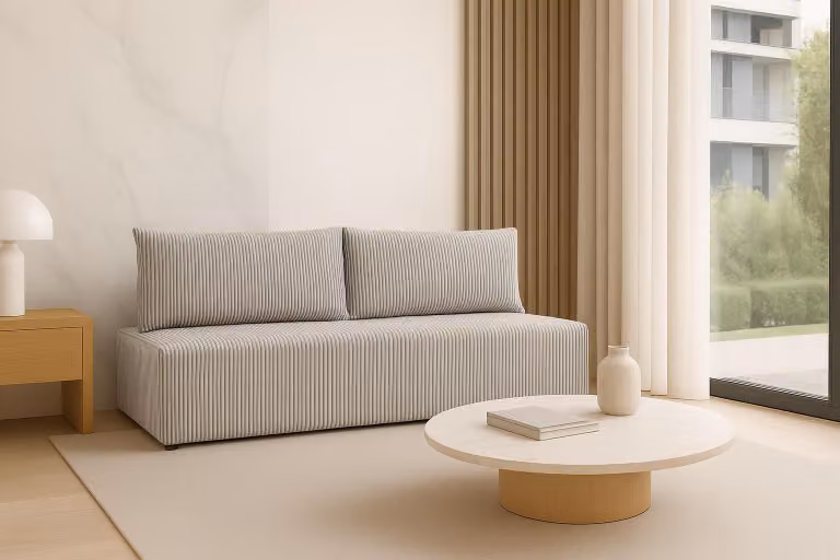 Sofello LUNO divano con funzione letto grigio chiaro - Divano moderno in velluto a coste per il vostro salotto, zona notte: 204×144 cm