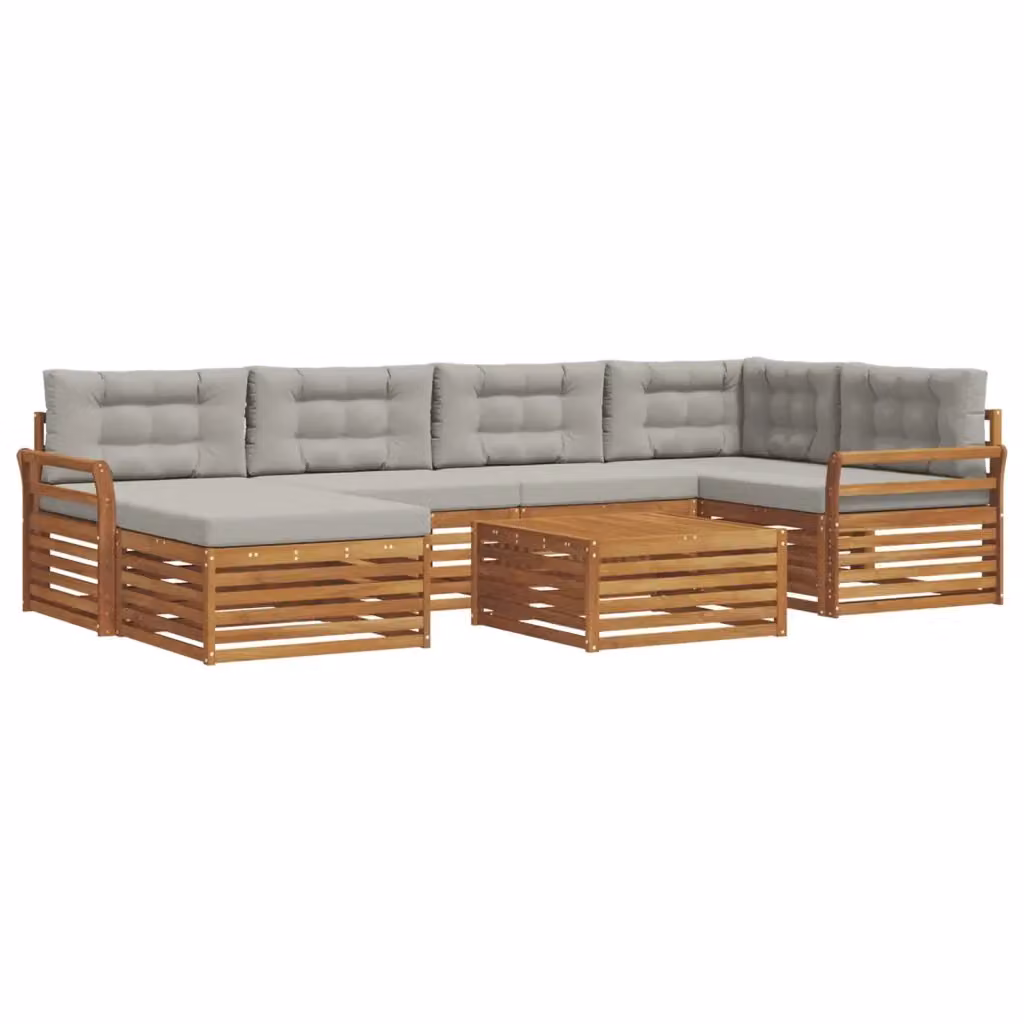 Set di divani da esterno a L vidaXL in legno di acacia con cuscini grigi, composto da 7 pezzi con tavolino, elemento angolare, pouf e divano a 3 posti – 2