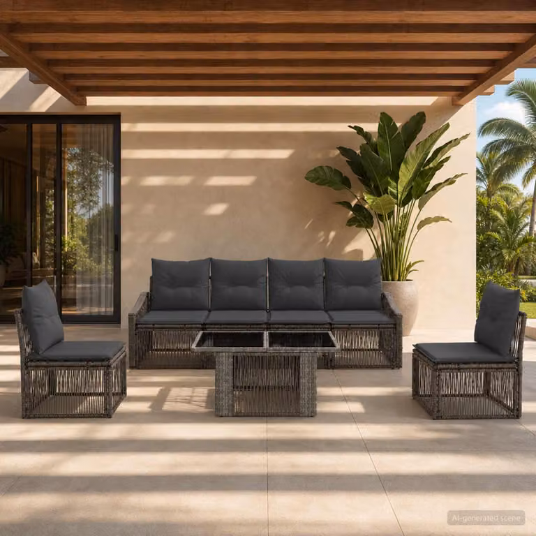 Set Divano da Giardino vidaXL 7 Pezzi in Polyrattan Grigio e Antracite con Tavolino e Cuscini Imbottiti