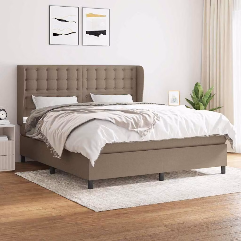 vidaXL Giroletto a Molle con Materasso in Tessuto Beige e Bianco, L/P/H: 183 x 203 x 128 cm – 1