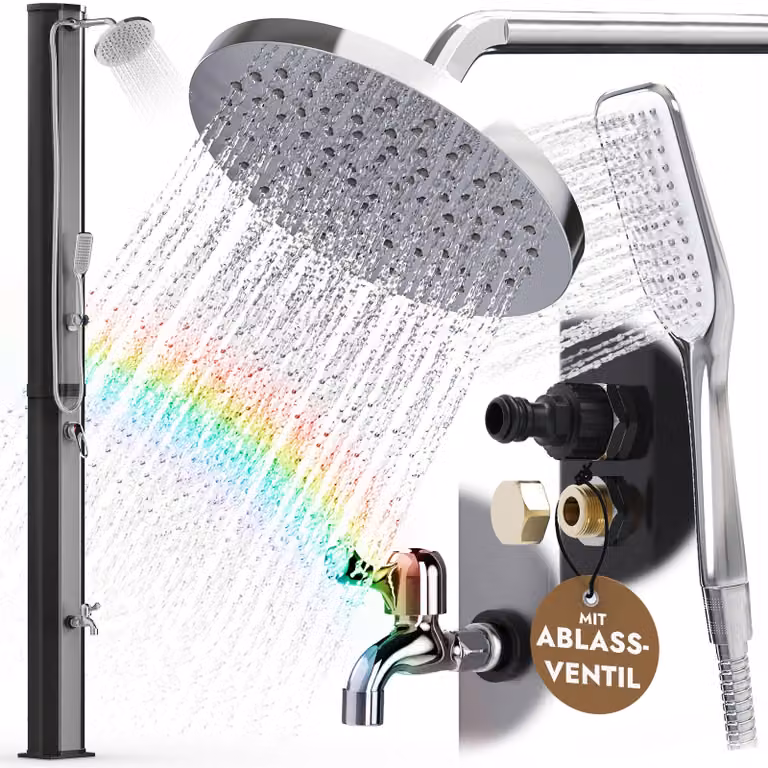 Doccia solare, doccia da giardino da 40 litri con doccetta manuale, doccia per sauna, piscina da giardino, doccia esterna nera con paraspruzzi in acciaio inossidabile 304 / V2A