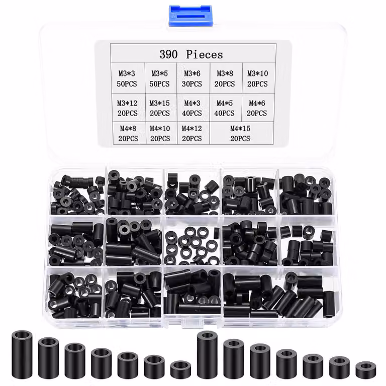 390 distanziatori in ABS, plastica, rotondi, neri, per viti M3 e M4