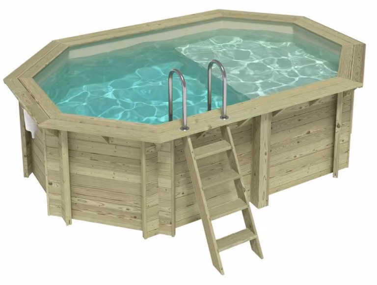 Piscina in legno NEMO 4.3 x 3 – H.1.18 m con spiaggia, sabbia, Su telaio - senza cementazione