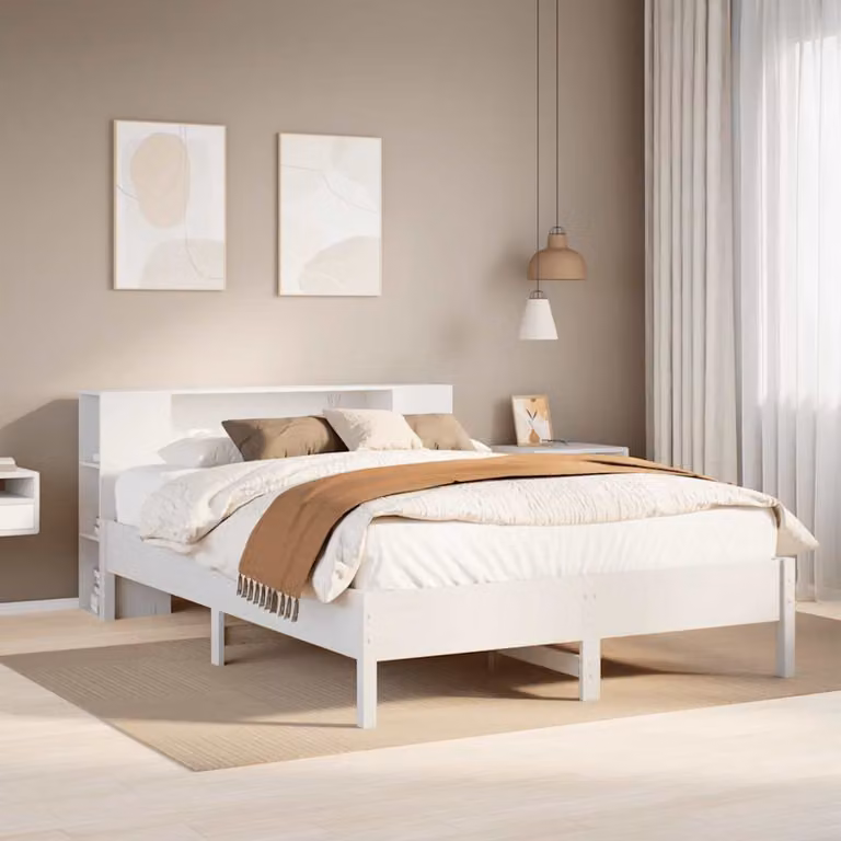 vidaXL Letto Libreria in Legno di Pino Bianco con Ripiani Laterali L/P/H: 140 x 190 cm