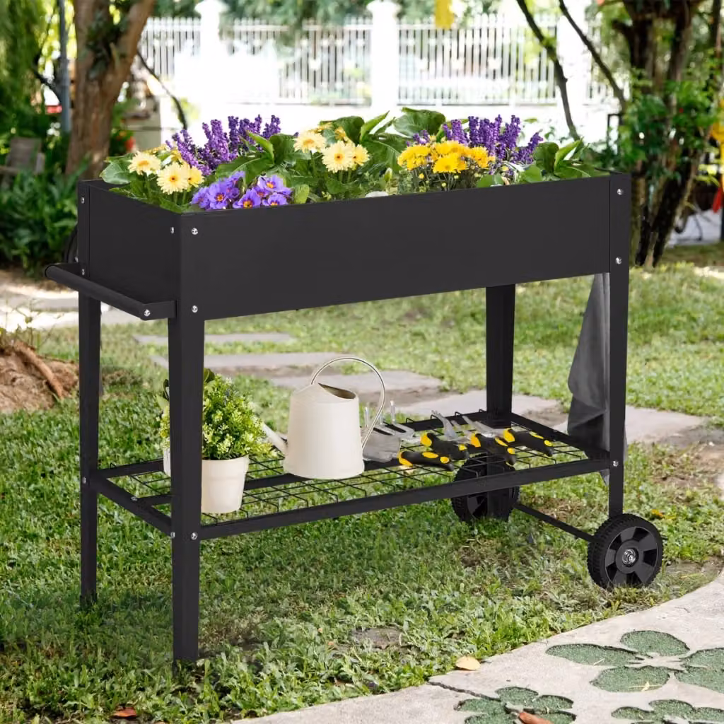 Fioriera da esterno rialzata Design Mania in metallo con ruote e ripiano, Aiuola per orto e fiori Nero – 2