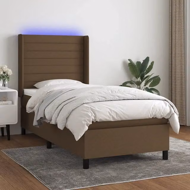 Letto a molla con testiera in tessuto e illuminazione LED vidaXL, marrone, L/P/H: 90 x 200 x 128 cm