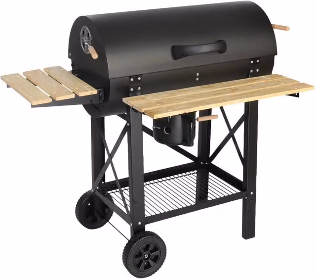 Barbecue a carbonella con affumicatore Sweeek, nero, con ripiano riscaldante e ruote