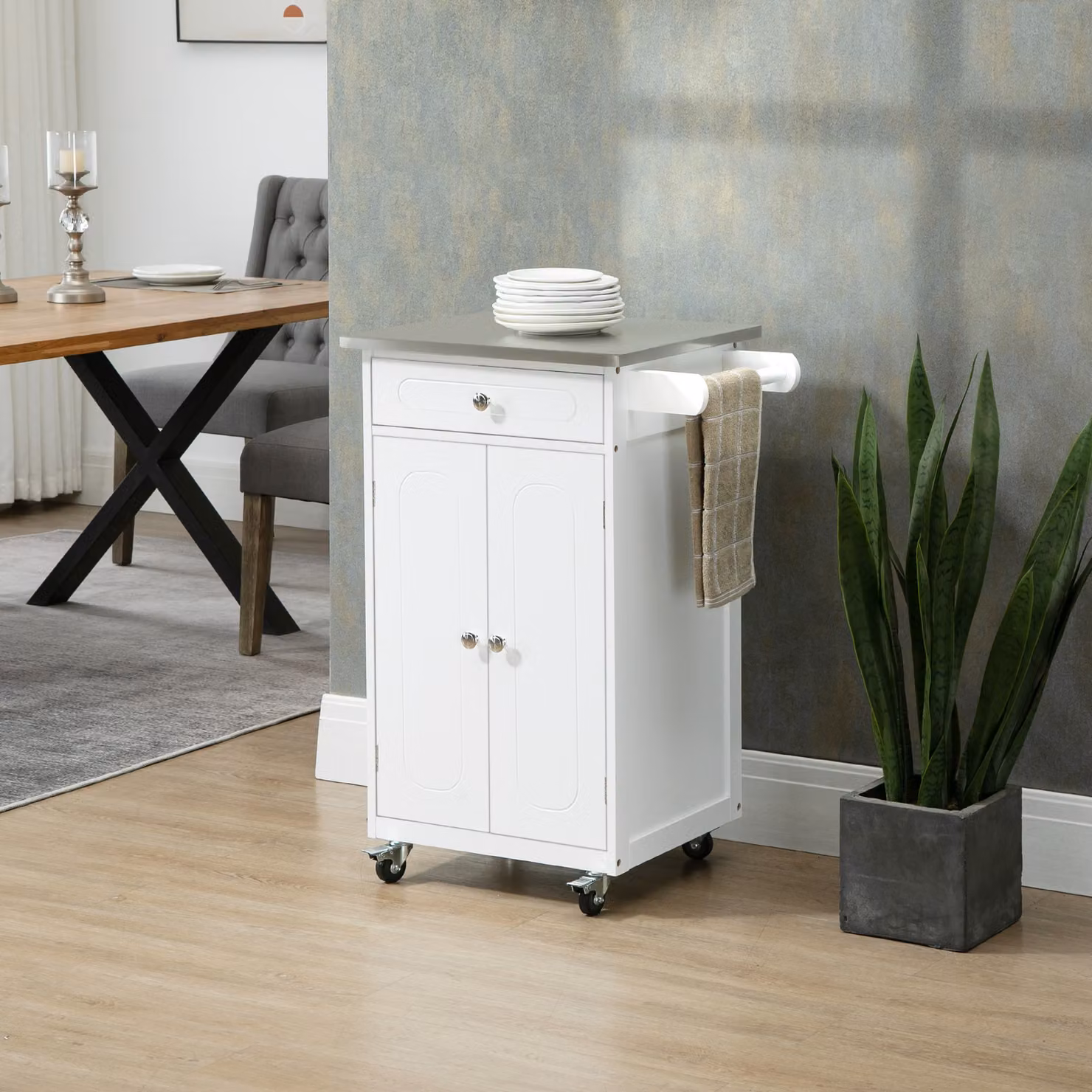 Carrello da cucina HOMCOM con ruote, armadietto a doppia porta, cassetto e porta strofinacci, bianco e acciaio inox – 2