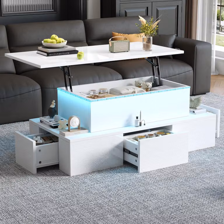 MODFU Tavolo da salotto moderno Tavolo da divano con 4 cassetti, tavolino da salotto con illuminazione a LED e spazio di archiviazione nascosto, bianco