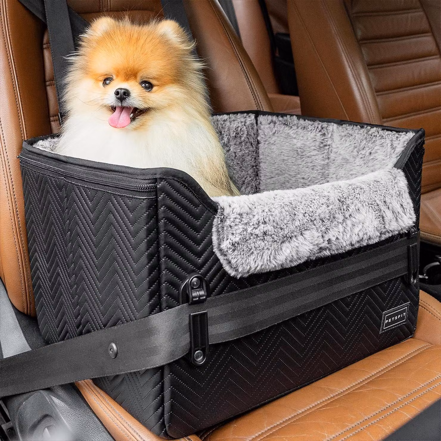 Seggiolino per cani, adatto a cani di piccola taglia, 2-in-1: cuccia per cani e sedile per auto, da posizionare sul sedile posteriore o sul sedile del passeggero, in pelle nera, taglia S