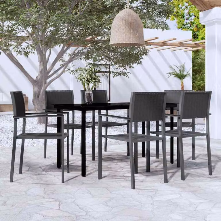 Set da pranzo da giardino moderno vidaXL in acciaio nero con piano in vetro, 7 pezzi