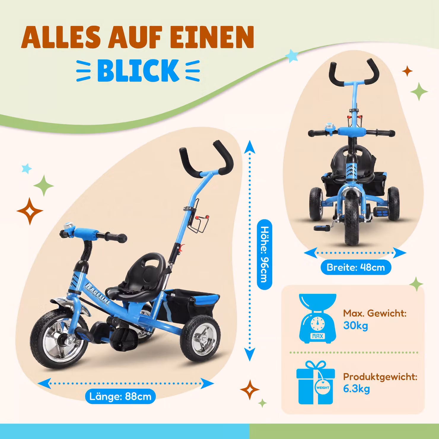 Triciclo per bambini Raceline Spielwerk azzurro in metallo e plastica con maniglia di spinta – 2
