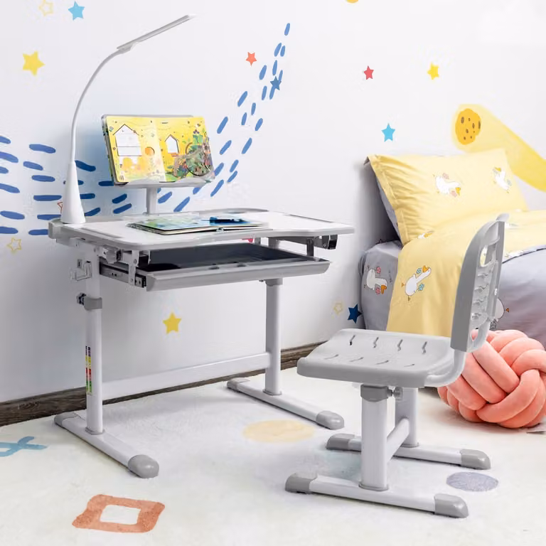 Set scrivania e sedia per bambini Costway con altezza regolabile, leggio per libri e luce LED, Grigio