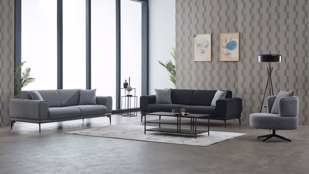 Komplette Couchgarnitur Polstersofa Dreisitzer Sessel Grau Stoffsofa