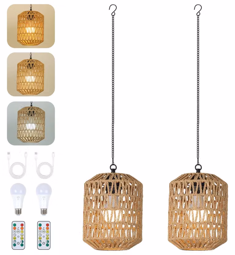 Lampada a sospensione ricaricabile da interno, lampada a sospensione bohémien con batteria, lampada a sospensione in rattan